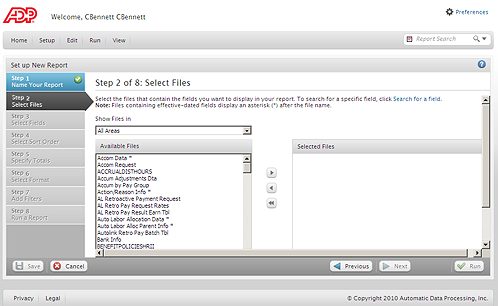 ADP GlobalView report workflow screen