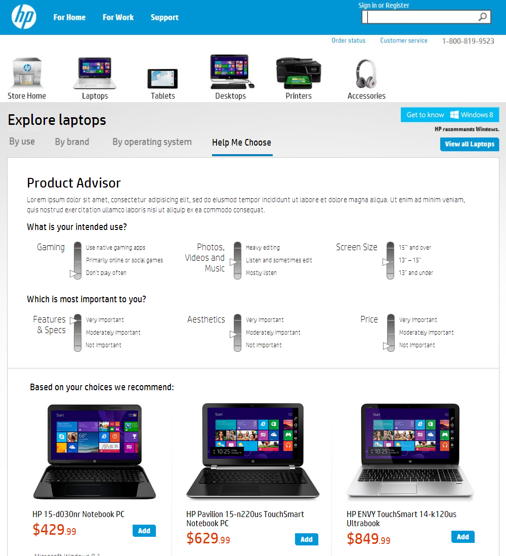 HP consumer advisor interface