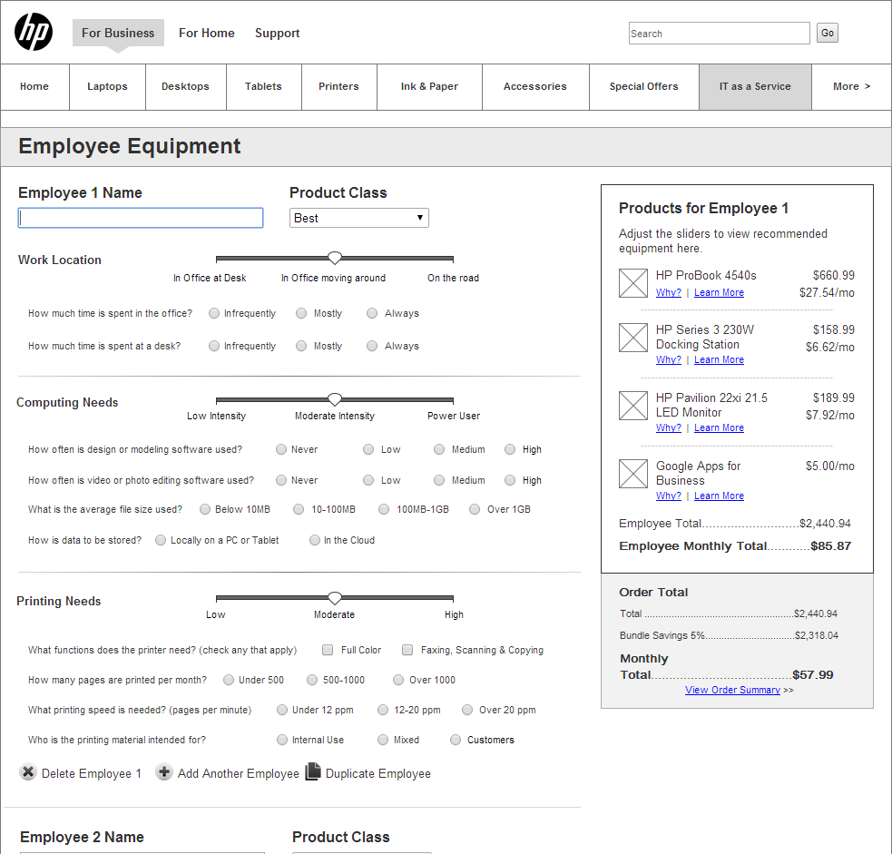 HP Product Advisor interface detail