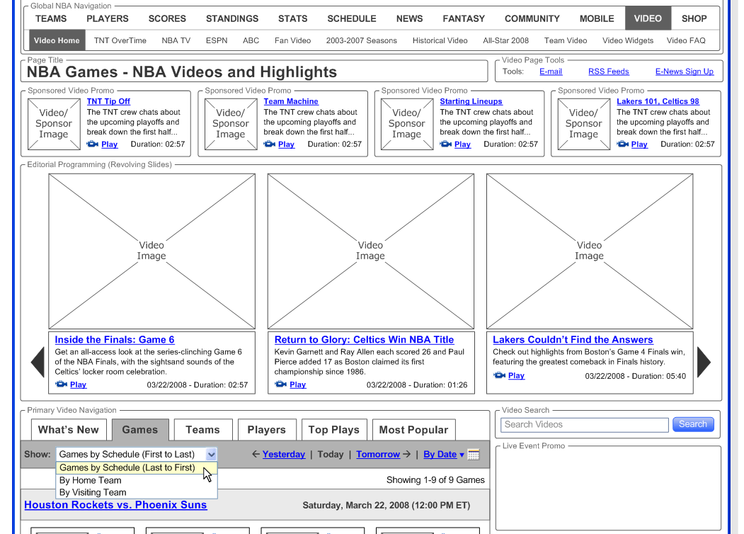 NBA.com games wireframe experience