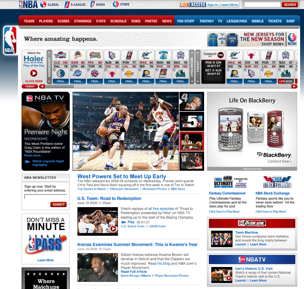 NBA.com homepage redesign